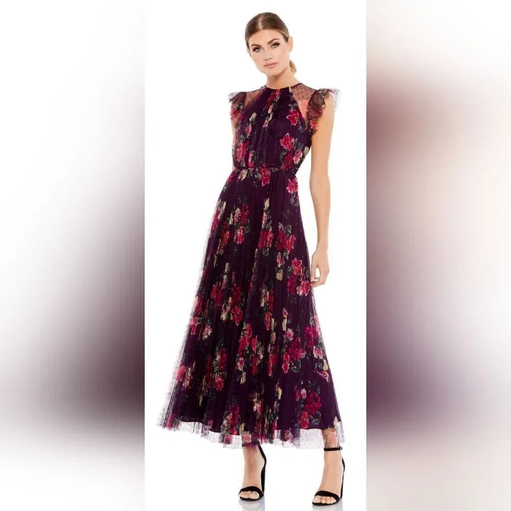 Mac Duggal 2143 FLORAL FLUTTER SLEEVE MIDI DRESS size XS NWT purple